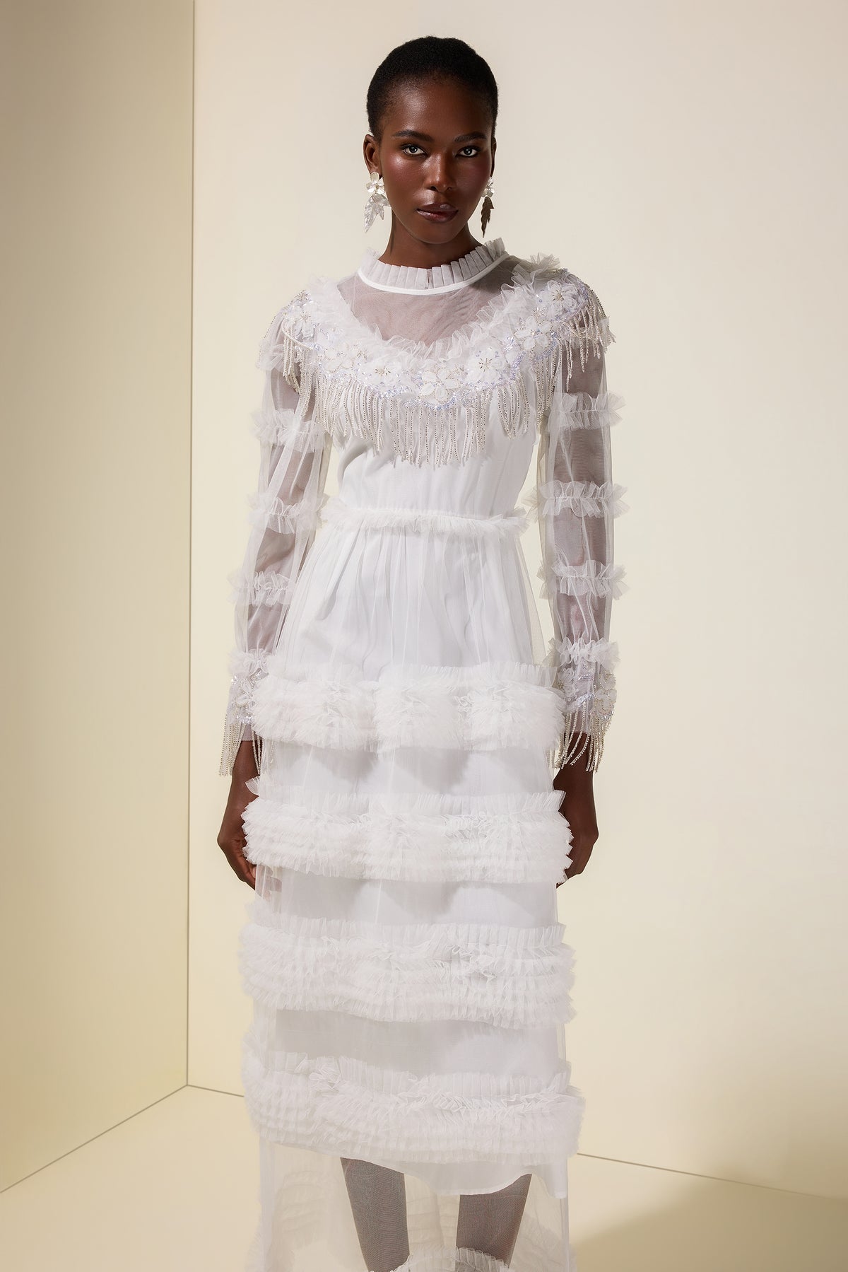 Beaded Frill Round Neck Maxi Dress