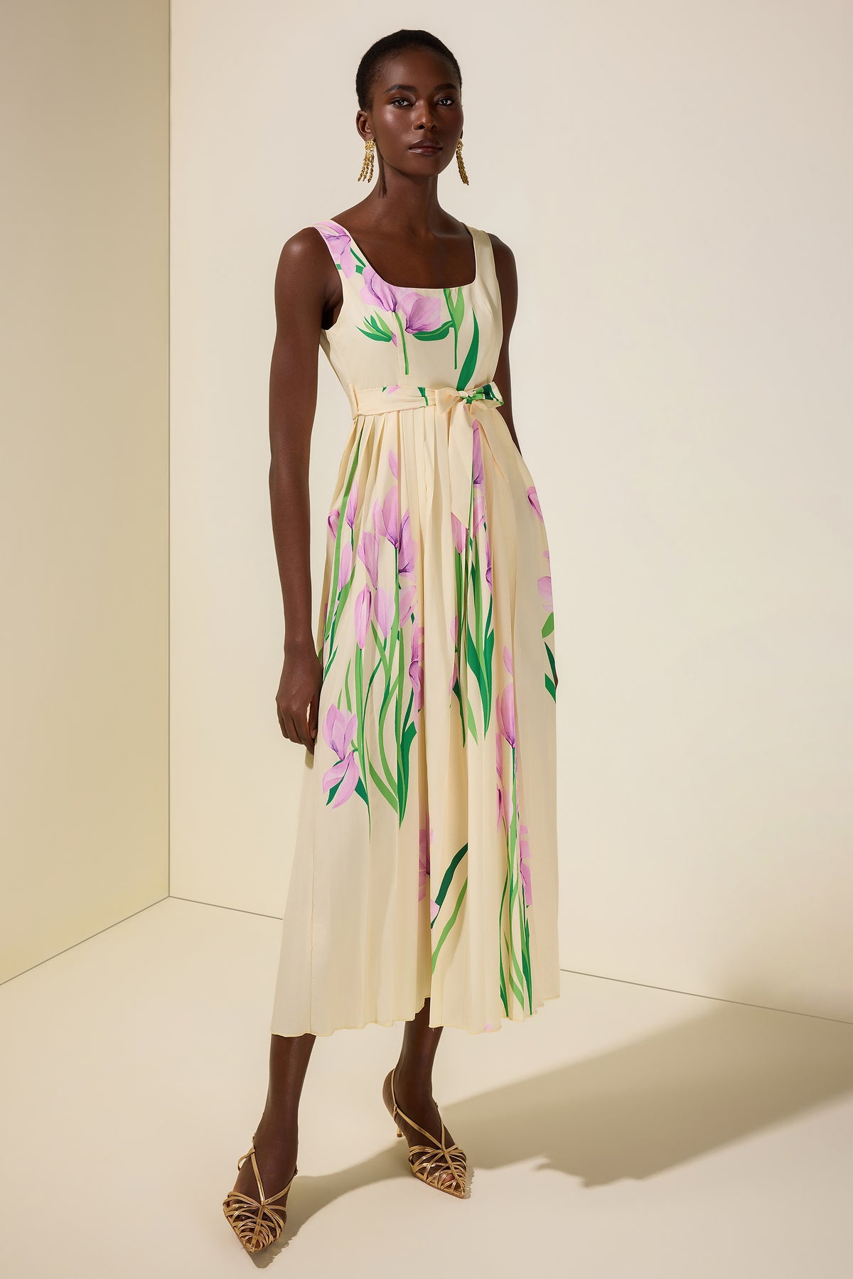 Floral Square Collar Pleated Midi Dress