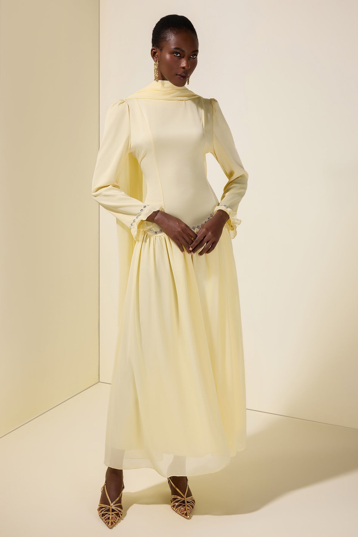 Satin Splicing Chiffon Rhinestone Maxi Dress