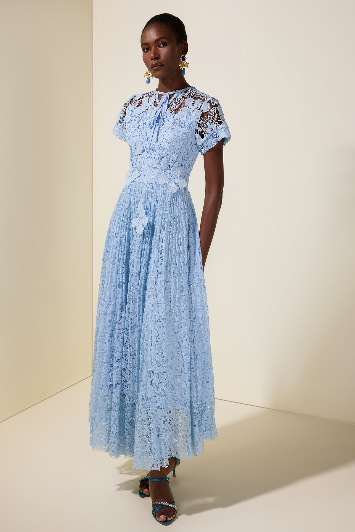 Lace Butterfly Pleated Midi Dress