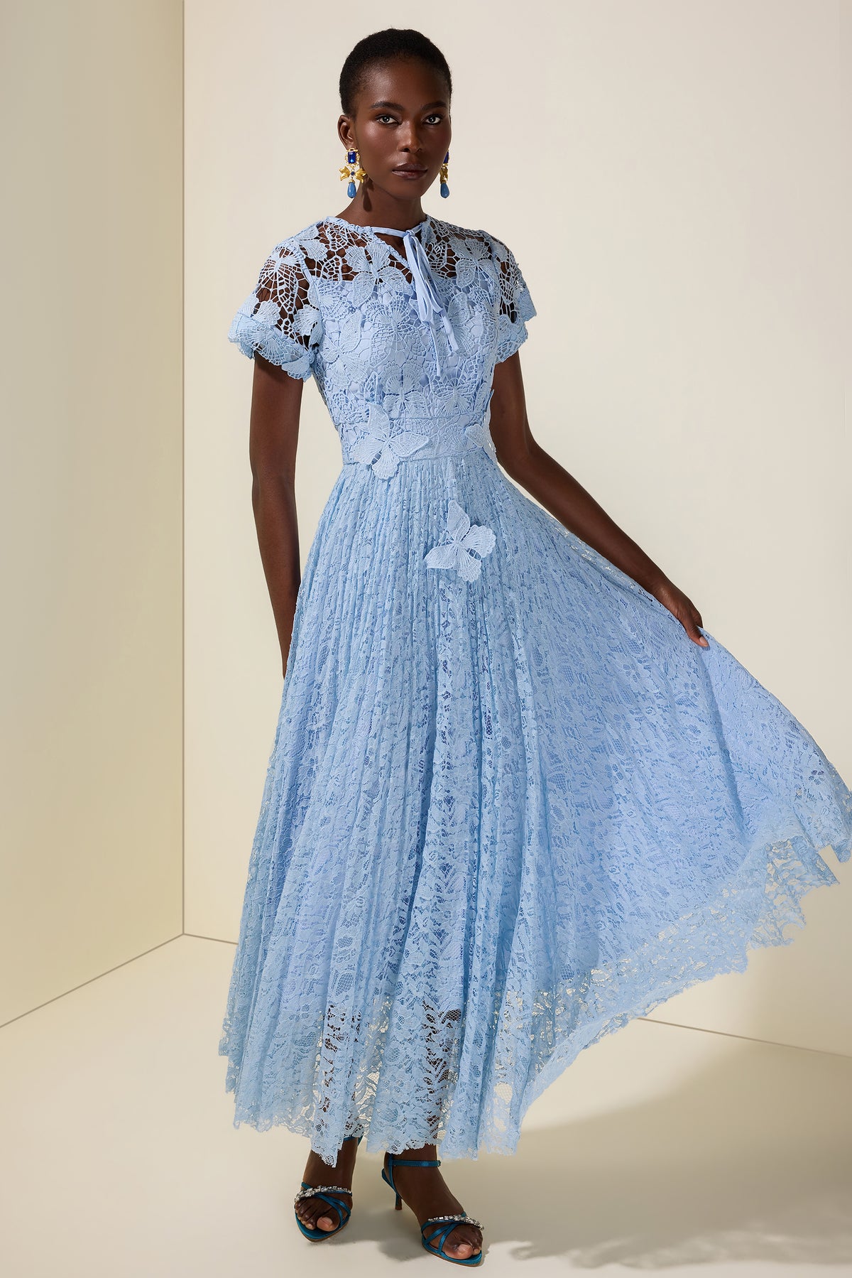 Lace Butterfly Pleated Midi Dress