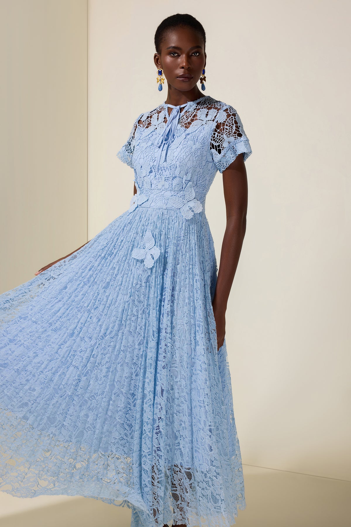 Lace Butterfly Pleated Midi Dress