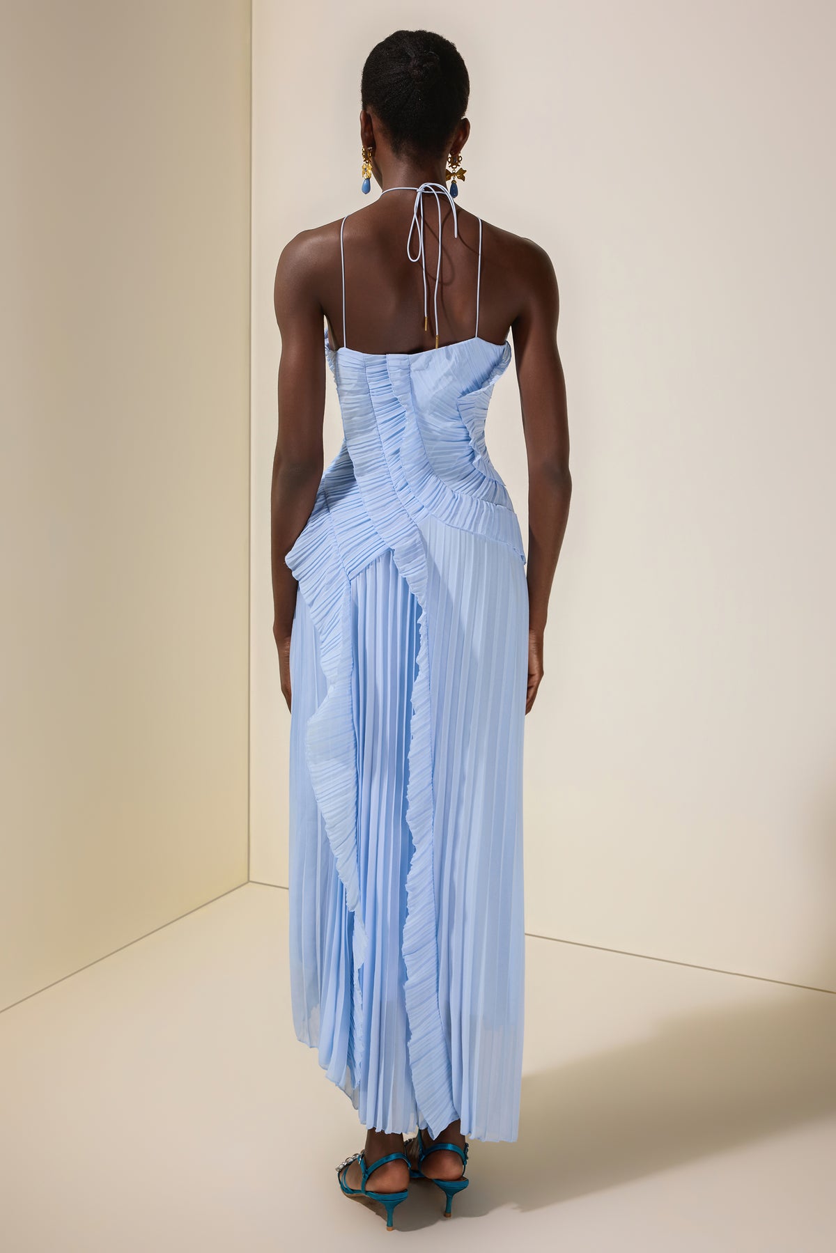Pleated Frill Halter Neck Midi Dress