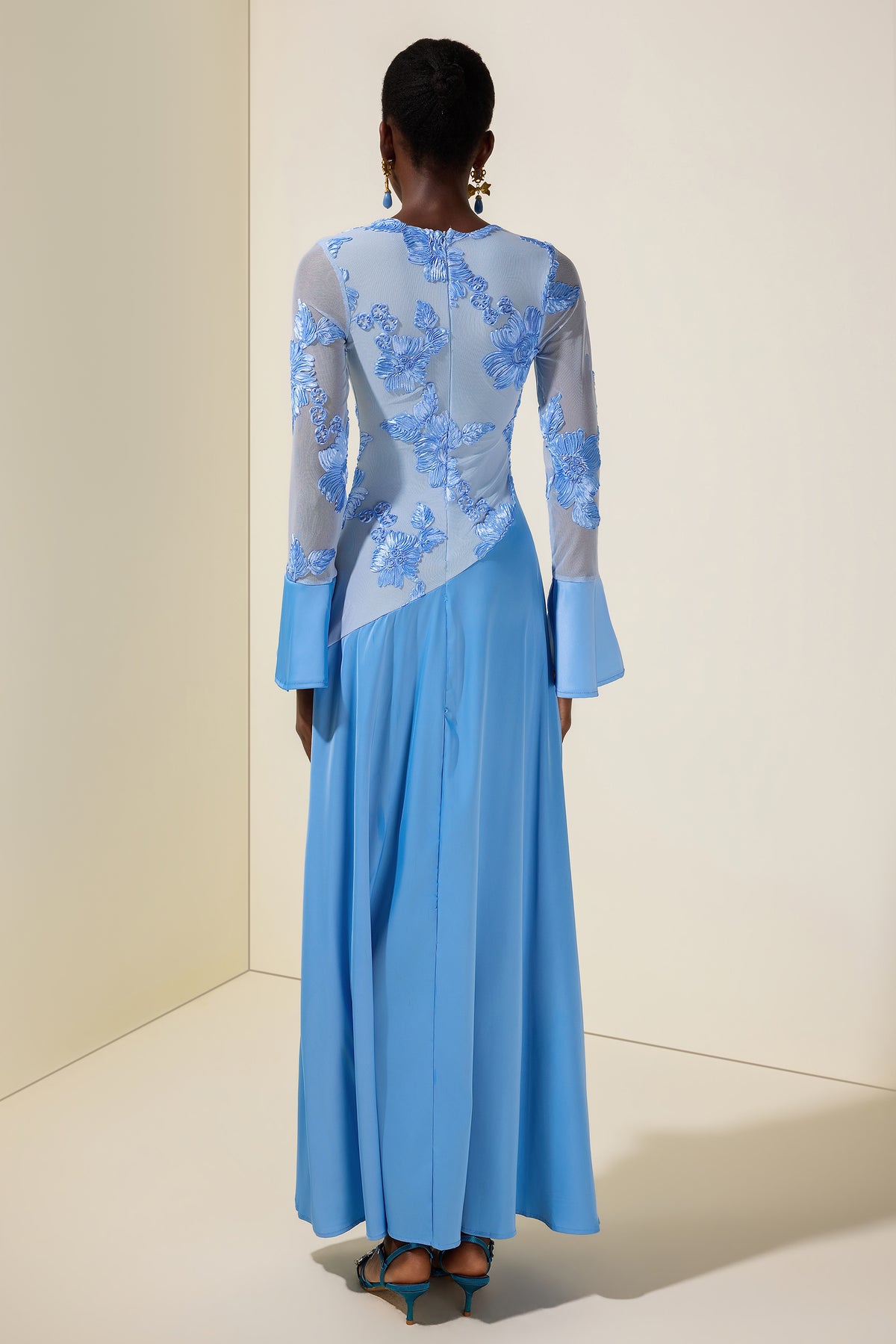 Embroidered Satin Bell Sleeve Maxi Dress