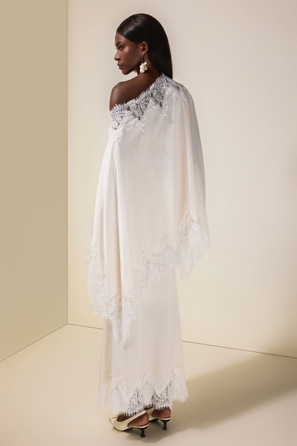 Satin Lace One Shoulder Cape & Maxi Skirt Set