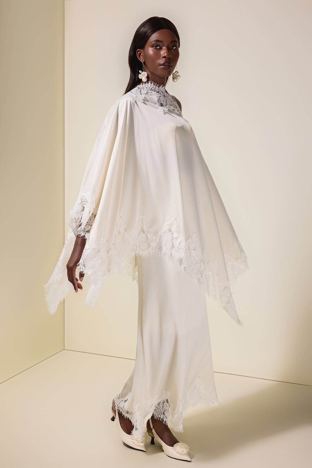 Satin Lace One Shoulder Cape & Maxi Skirt Set