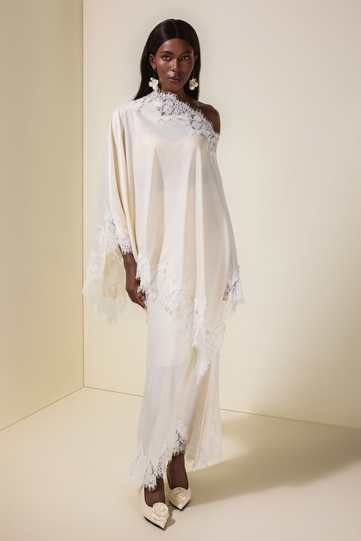 Satin Lace One Shoulder Cape & Maxi Skirt Set