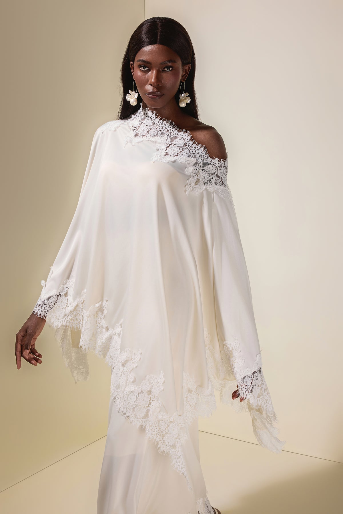 Satin Lace One Shoulder Cape & Maxi Skirt Set