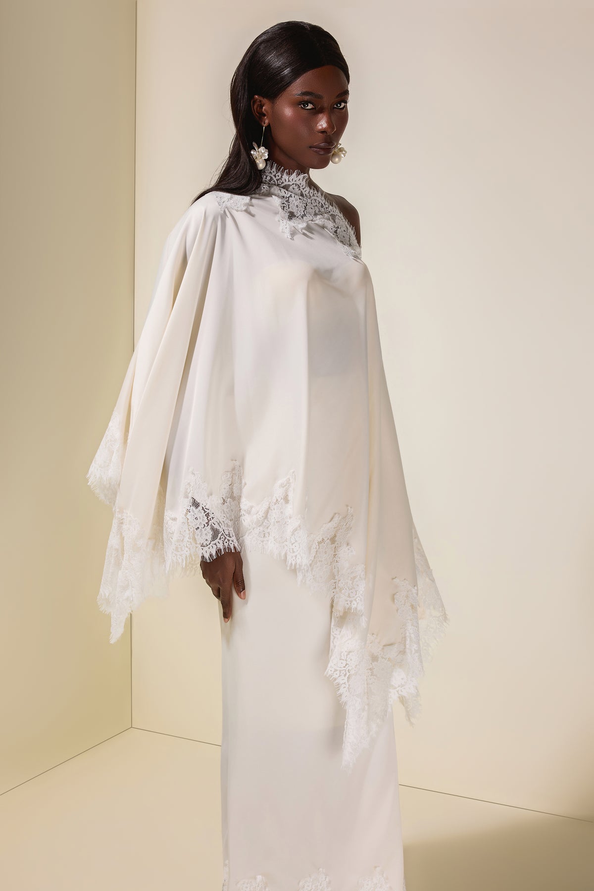 Satin Lace One Shoulder Cape & Maxi Skirt Set