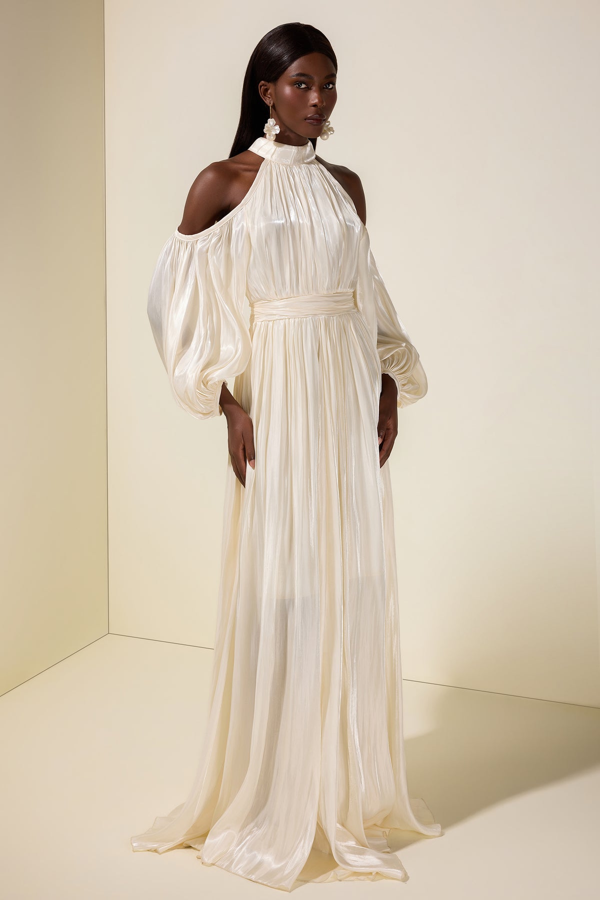 Satin Off-Shoulder Gathering Maxi Dress With Belt