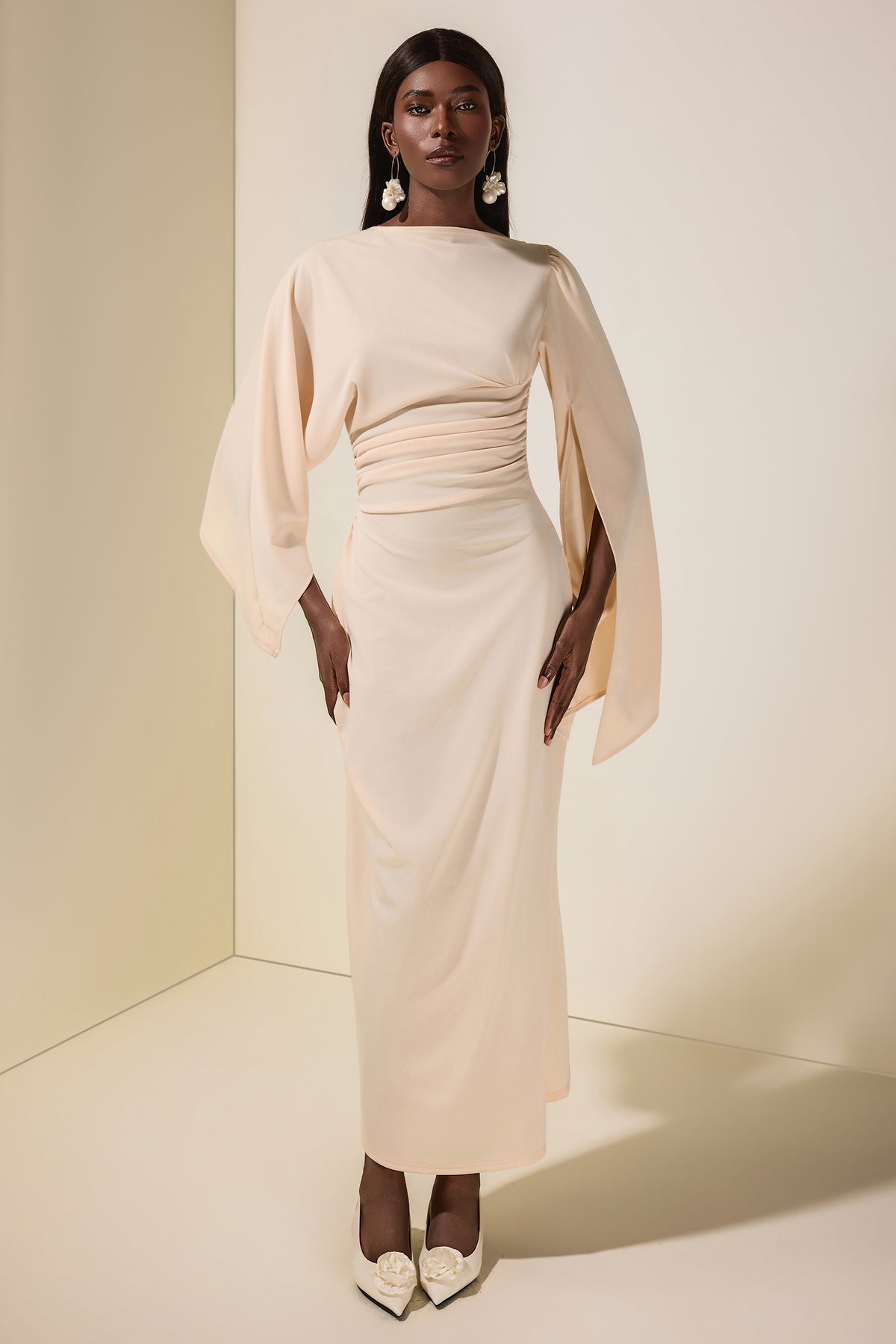 Jersey Gathering Cape Sleeve Maxi Dress