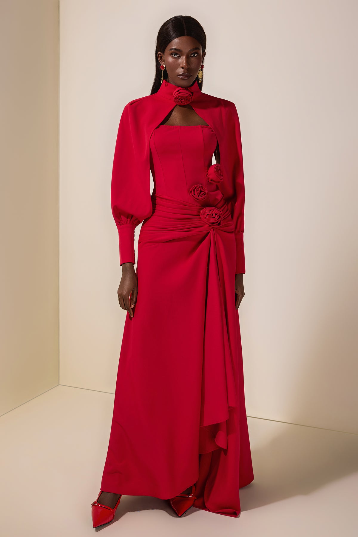 3D Flower Ruched Maxi Dress With Cape