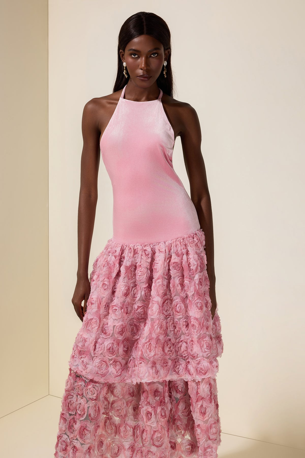 Velvet 3D Flower Halter Neck Midi Dress