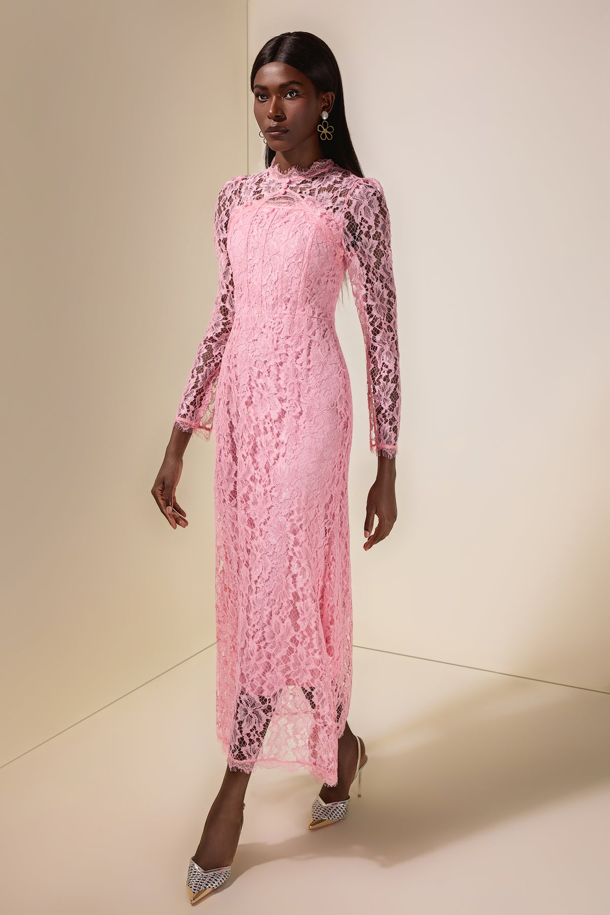 Lace Tie-Up Long Sleeve Midi Dress