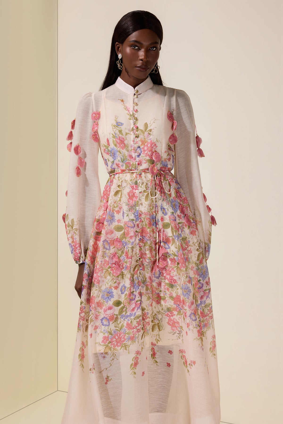 Floral Beaded Single Breasted Midi Dress