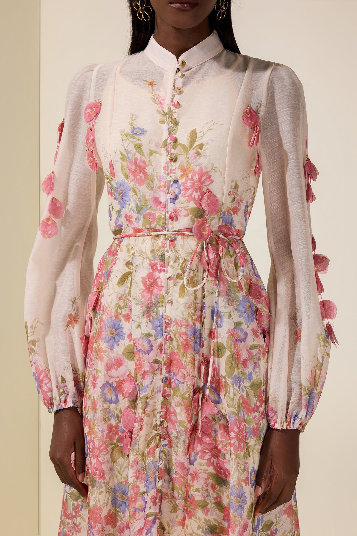 Floral Beaded Single Breasted Midi Dress