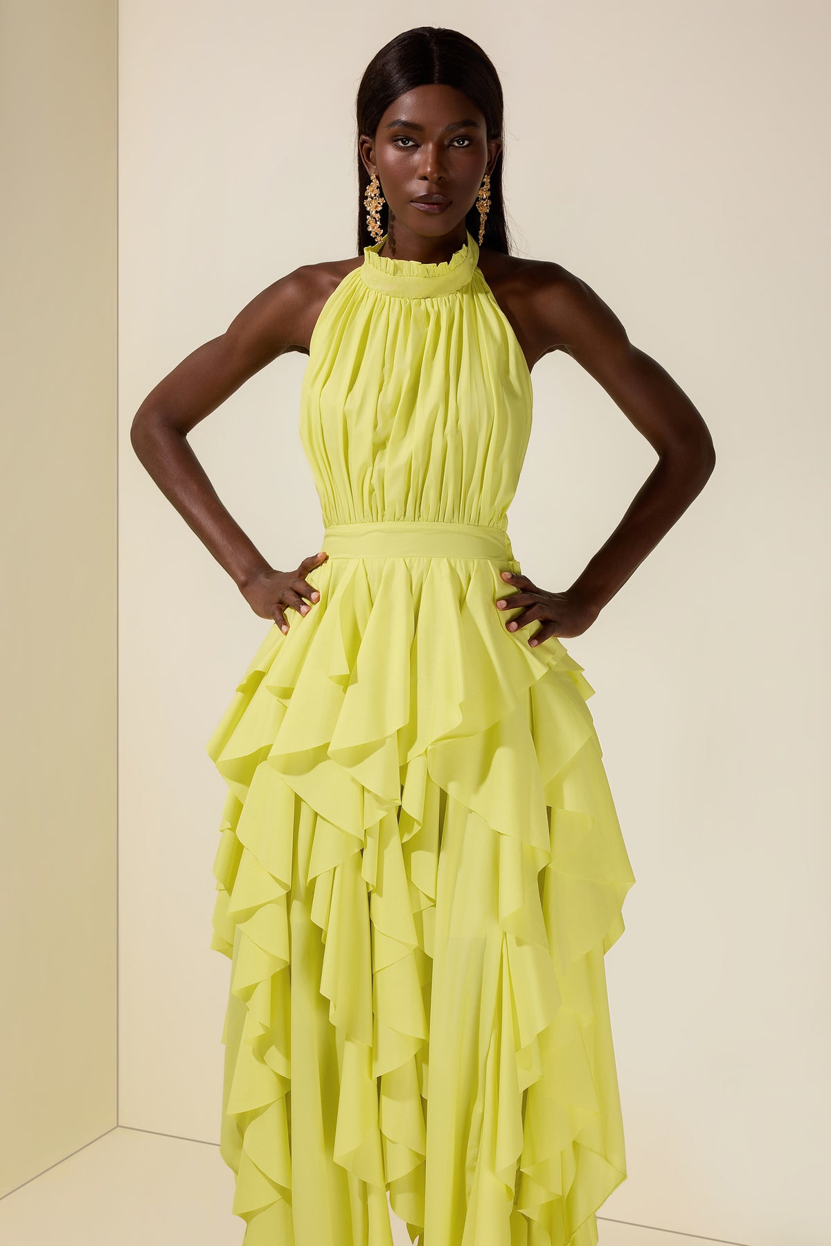 Solid Halter Neck Ruffle Midi Dress