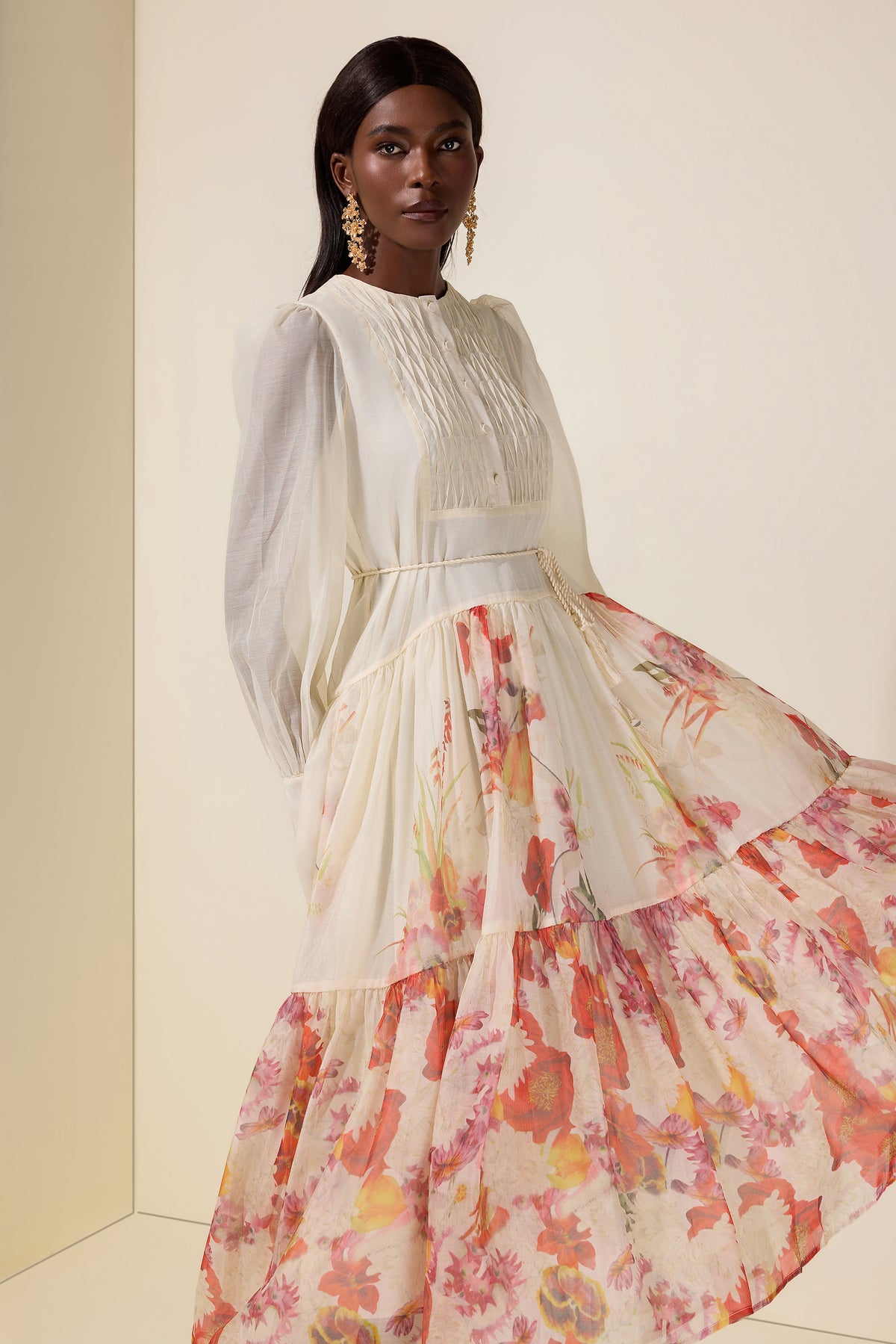 Floral Single Breasted Long Sleeve Midi Dress