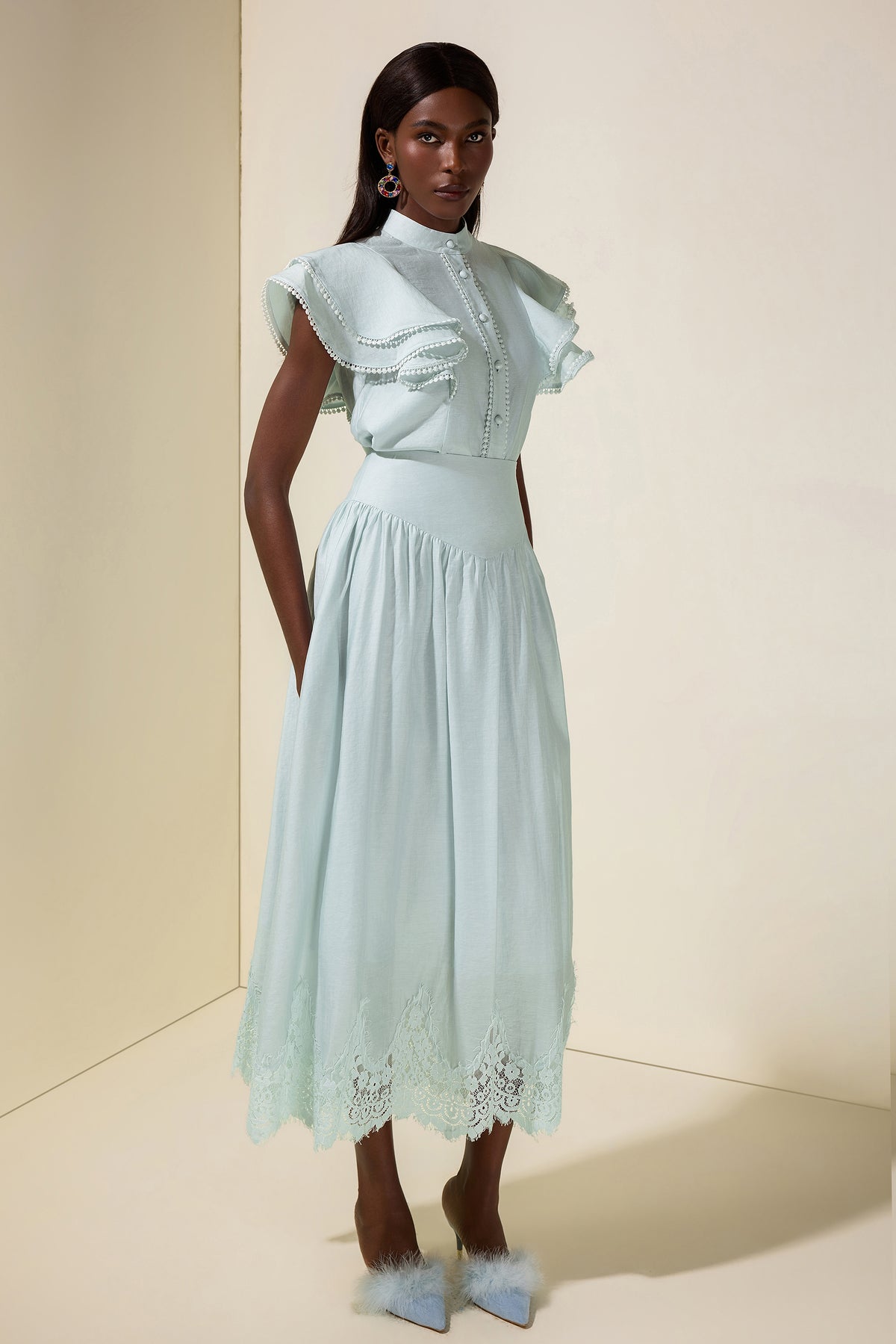 Sleeveless Ruffle Lace Top & Midi Skirt Set