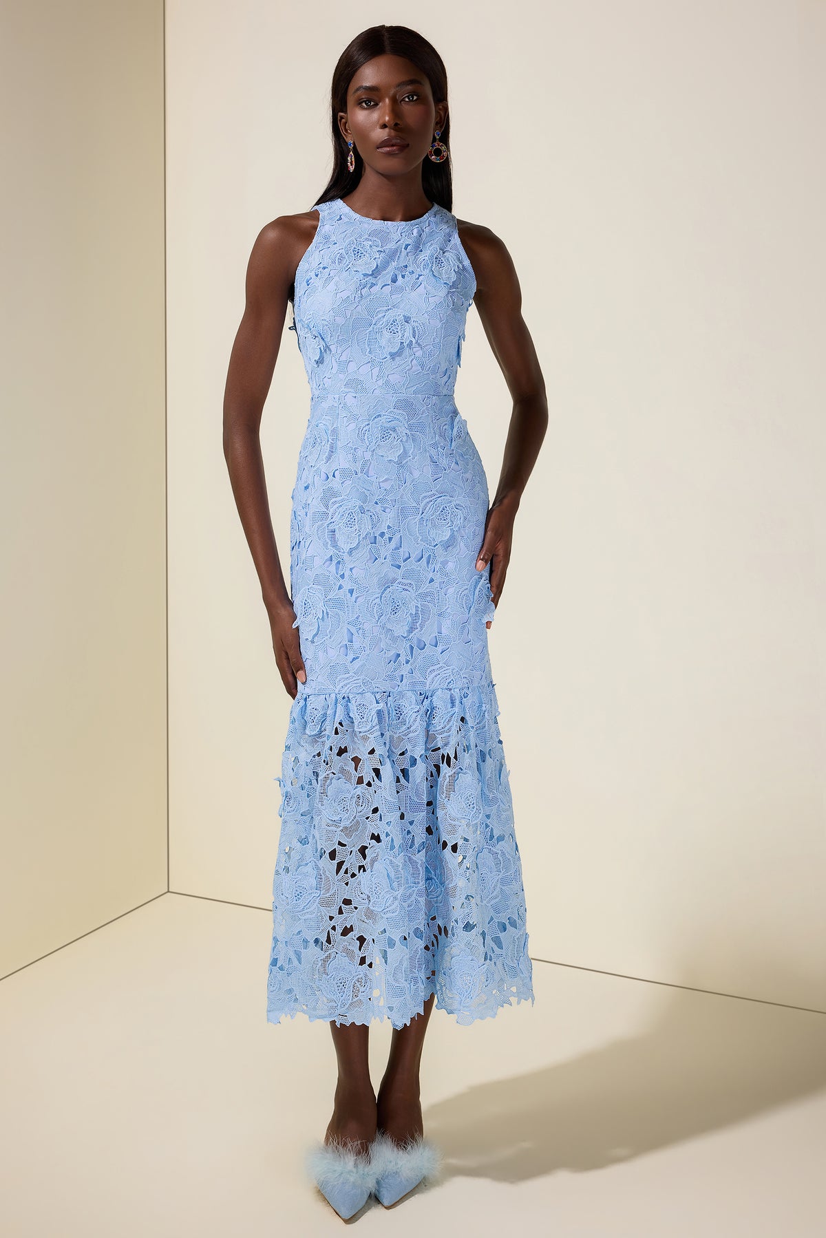 Lace Embroidered Sleeveless Midi Dress