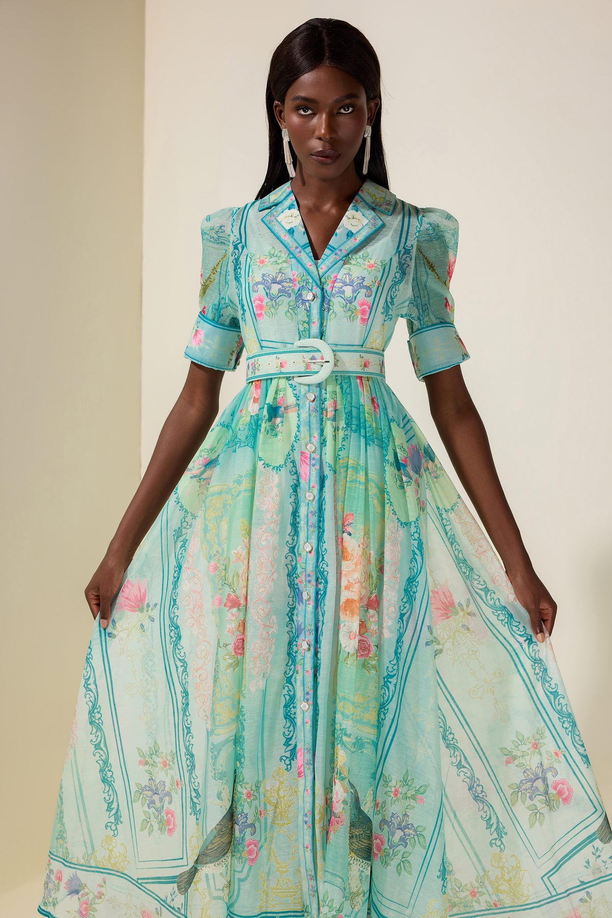 Floral Flapped Midi Dress With Belt