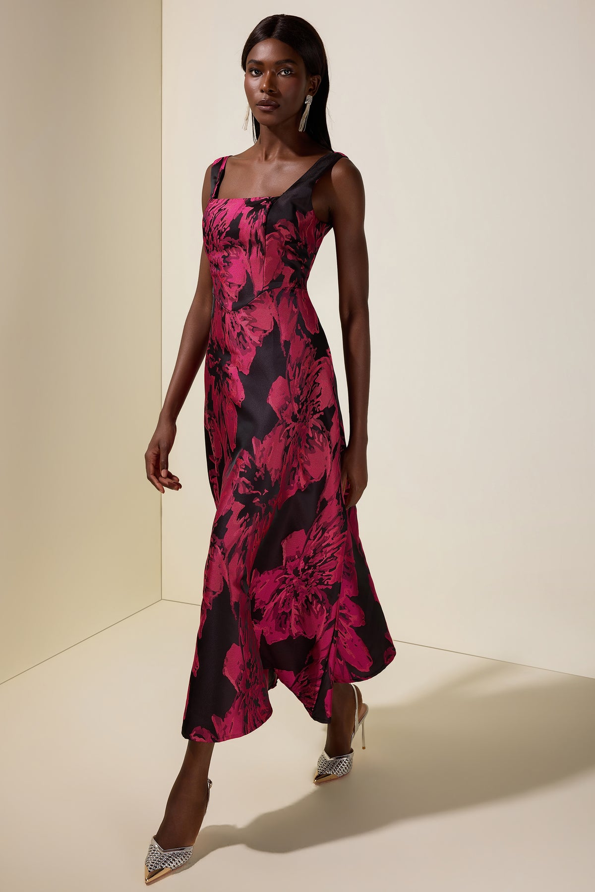 Jacquard Square Collar Sleeveless Midi Dress