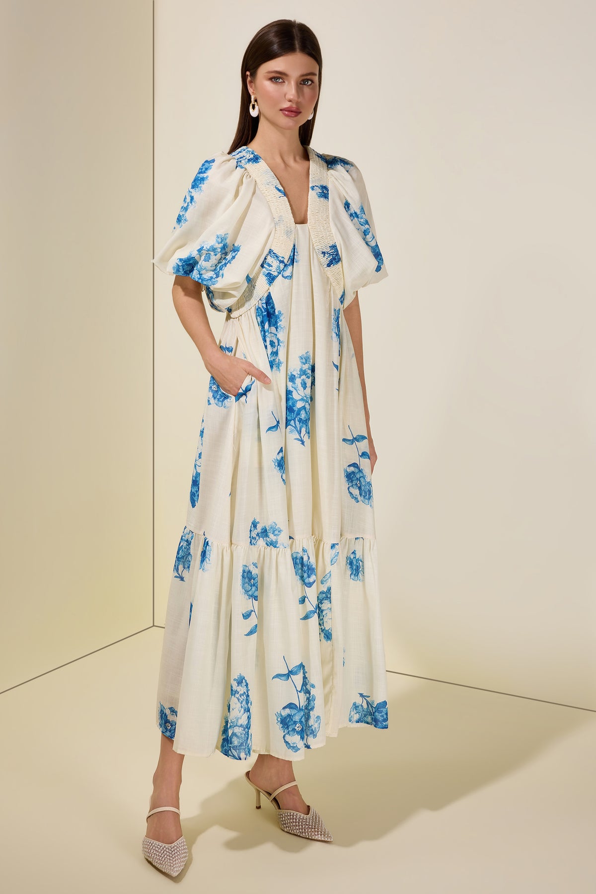 Botanical Print Smocking Puff Sleeve Midi Dress