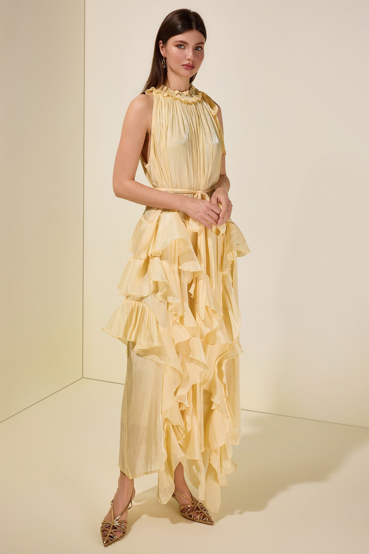 Satin Halter Neck Ruffle Midi Dress