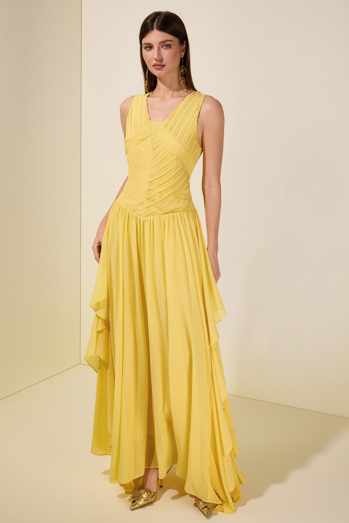 Chiffon Pleated Smocking Maxi Dress