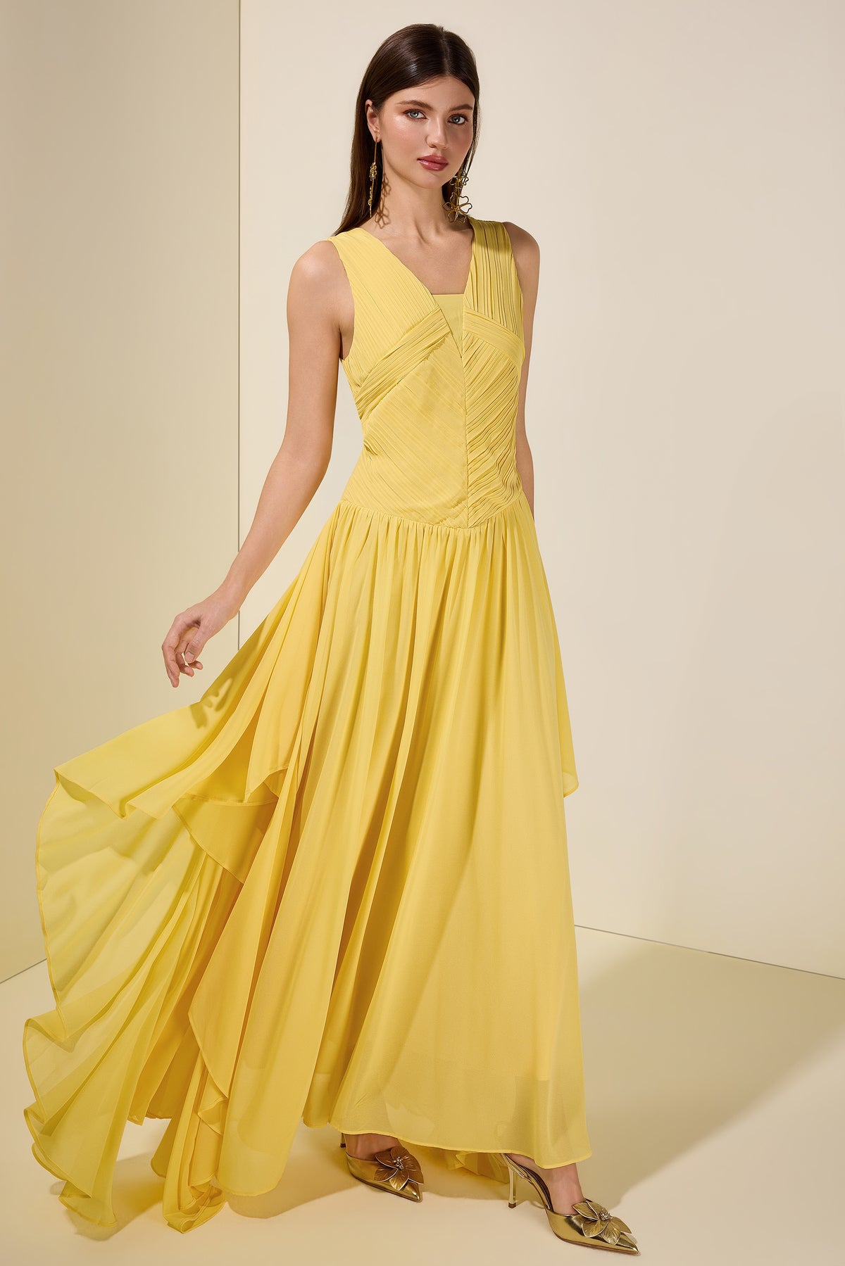Chiffon Pleated Smocking Maxi Dress