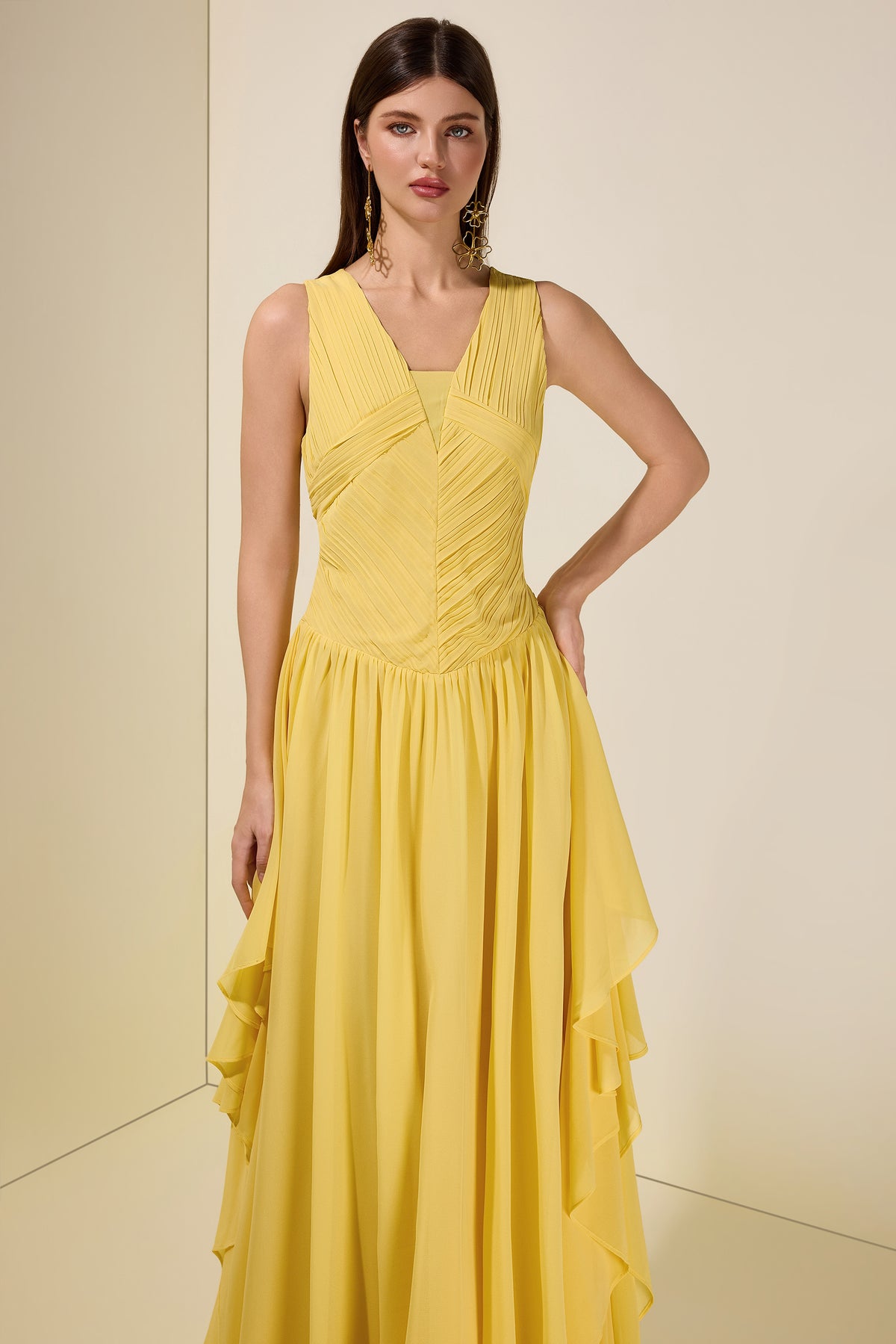 Chiffon Pleated Smocking Maxi Dress