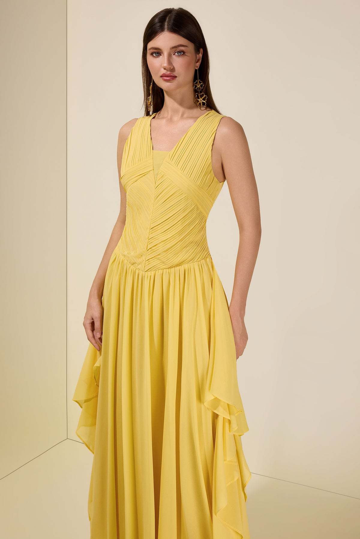 Chiffon Pleated Smocking Maxi Dress