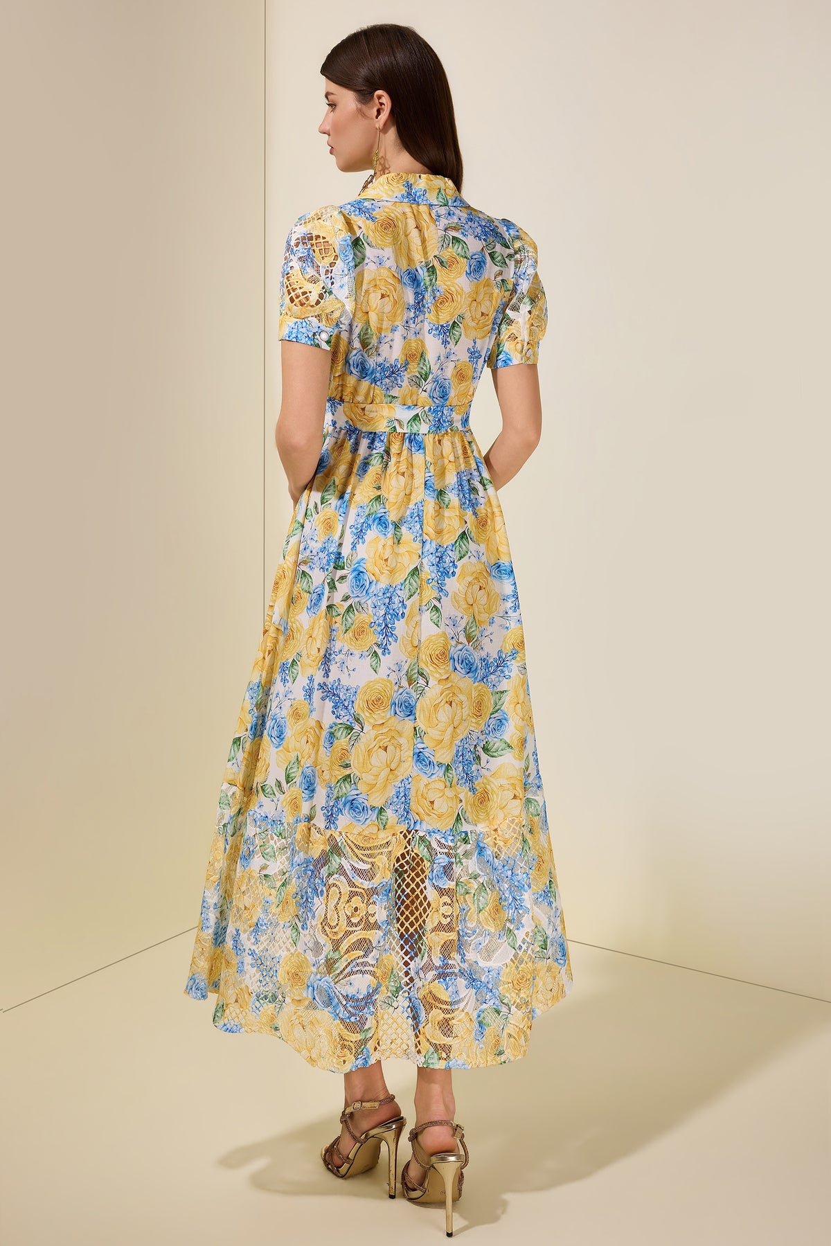 Floral Lace Tailored Collar Midi Dress