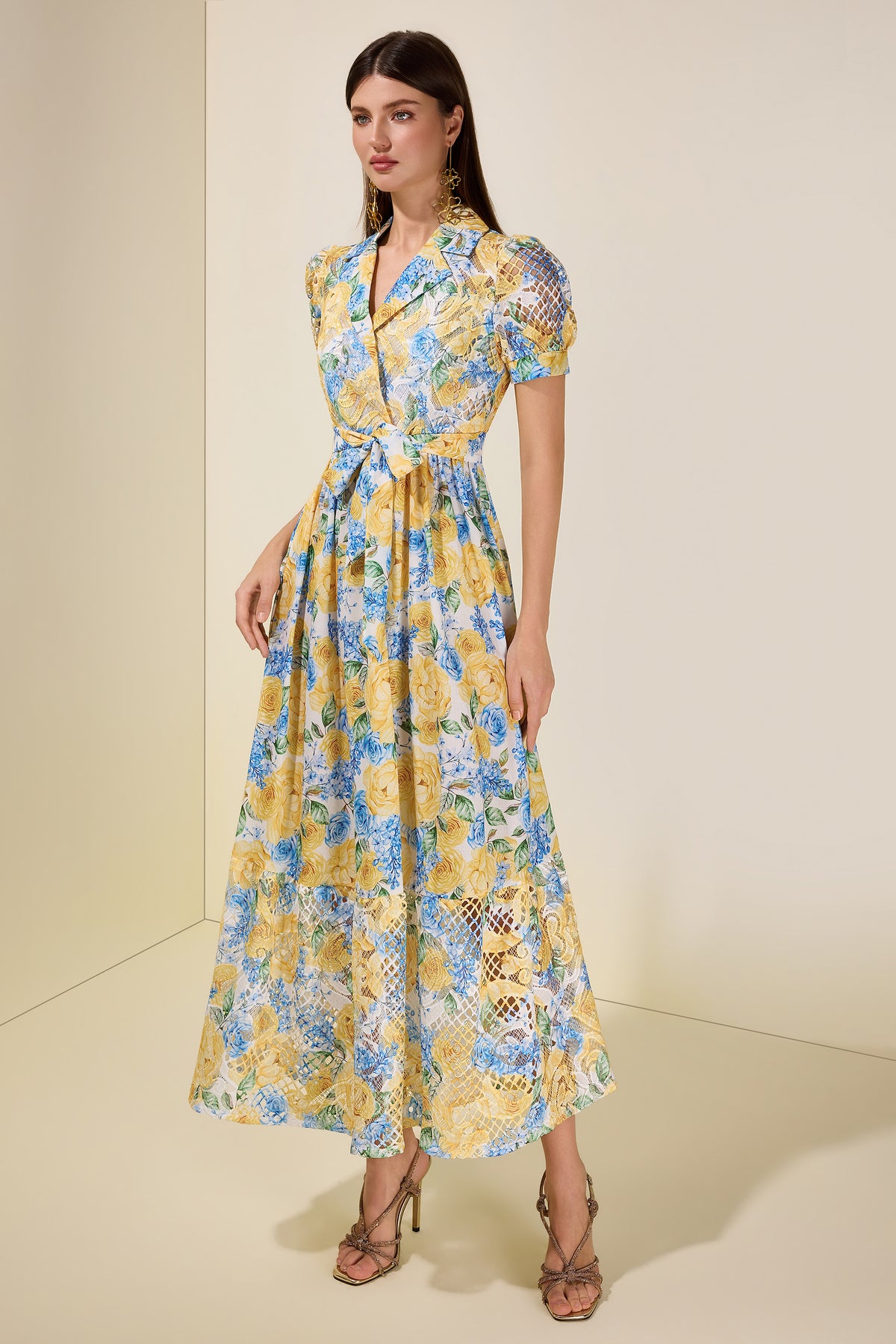 Floral Lace Tailored Collar Midi Dress