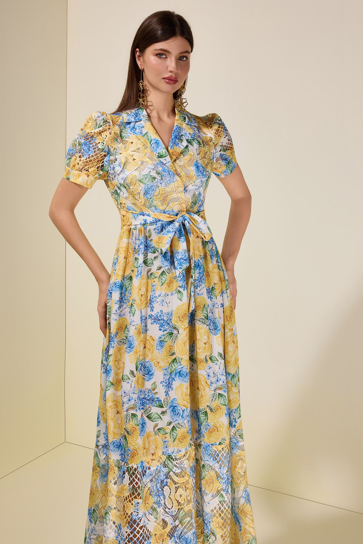 Floral Lace Tailored Collar Midi Dress