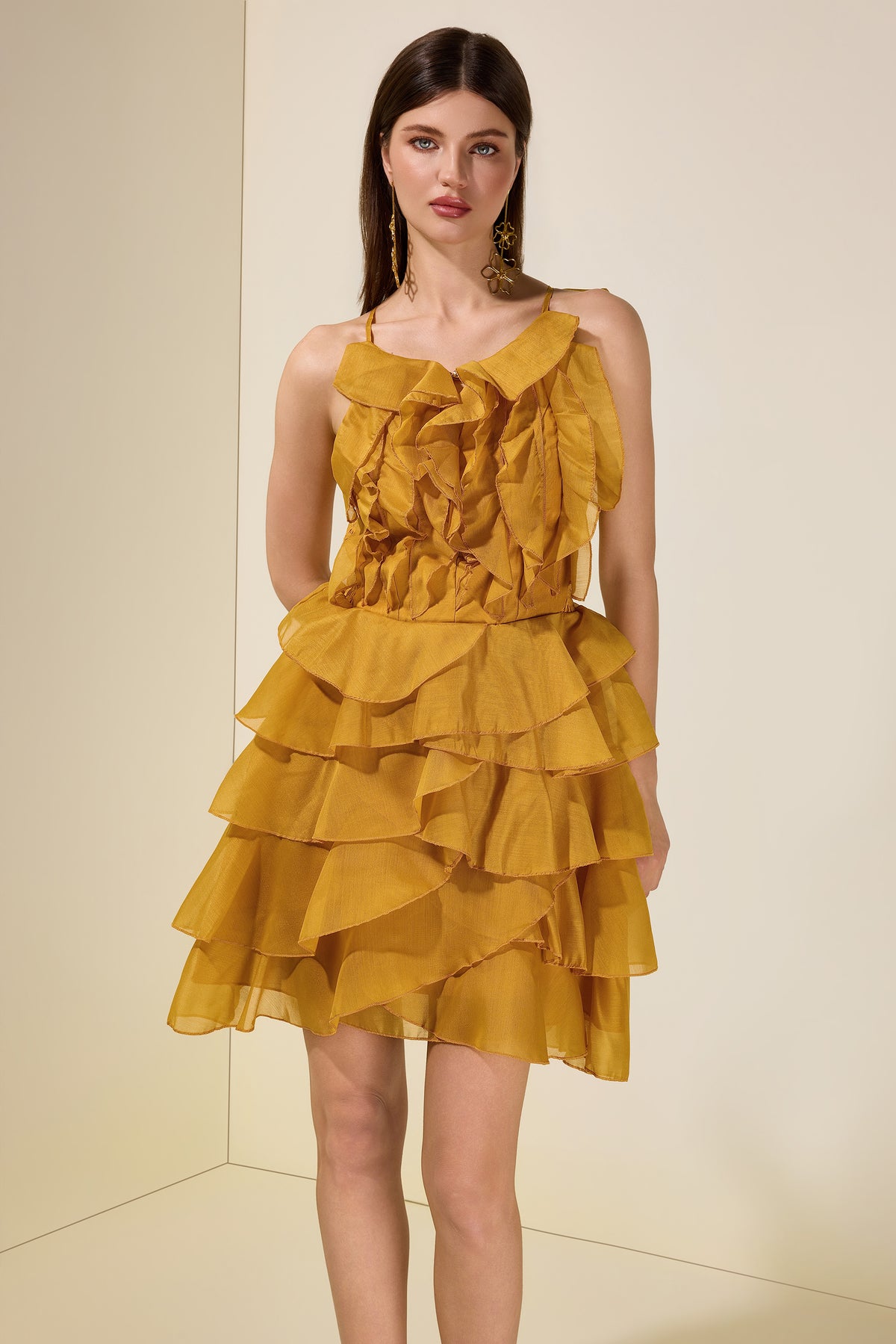 Chiffon Ruffle Beaded Mini Dress