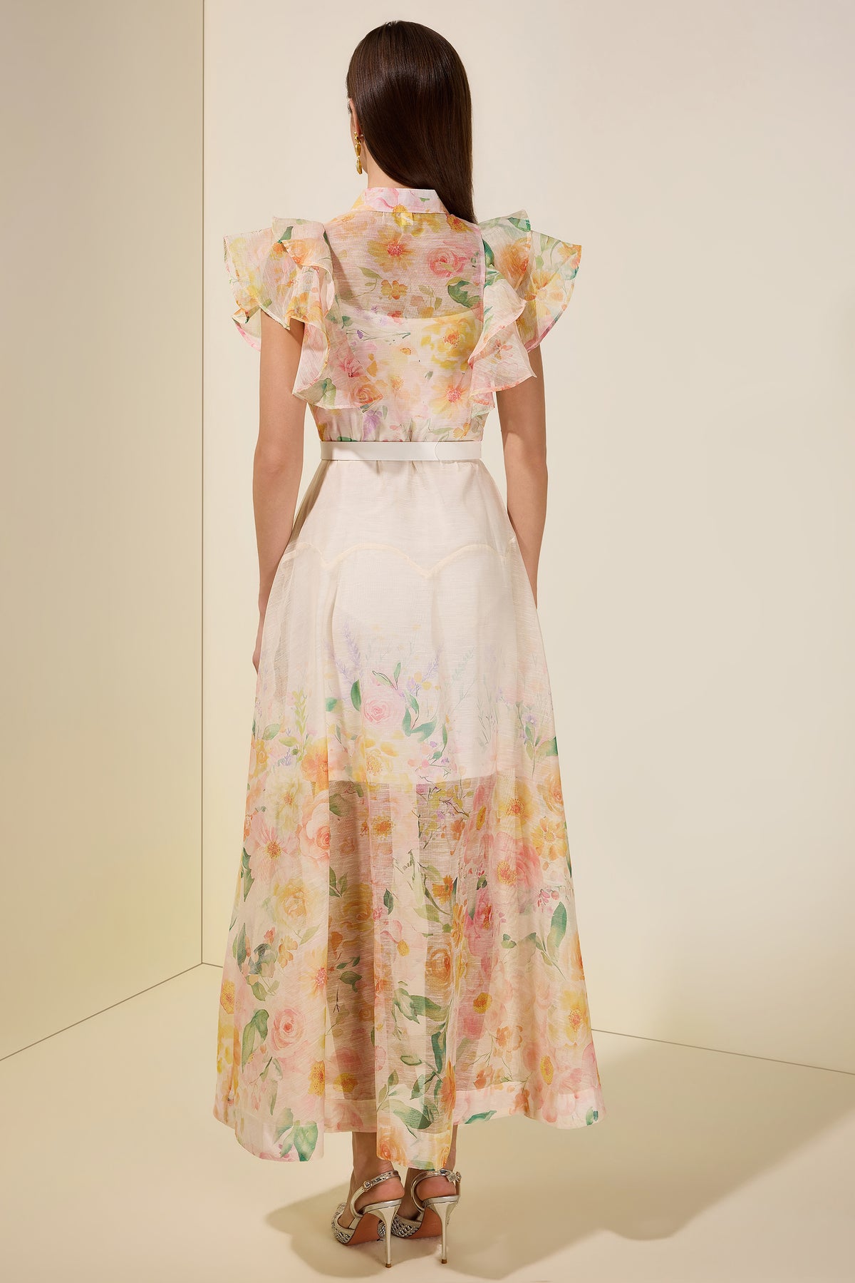Floral Ruffle Midi Dress With Belt