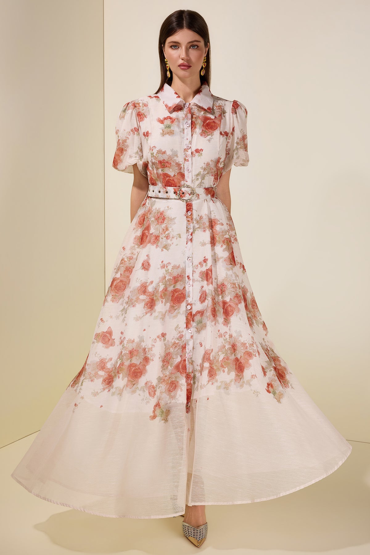 Floral Puff Sleeve Maxi Dress With Belt