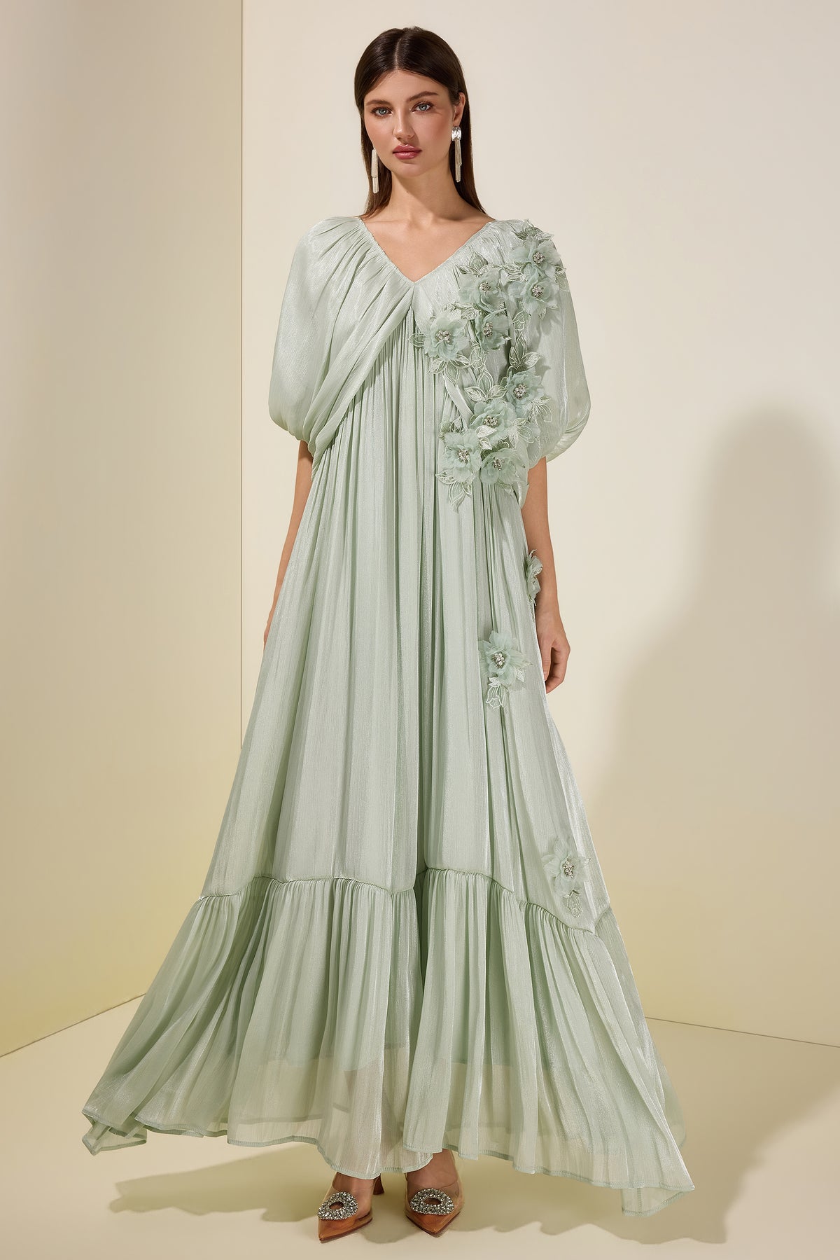 Satin V-Neck Cape Sleeve 3D Flower Maxi Dress