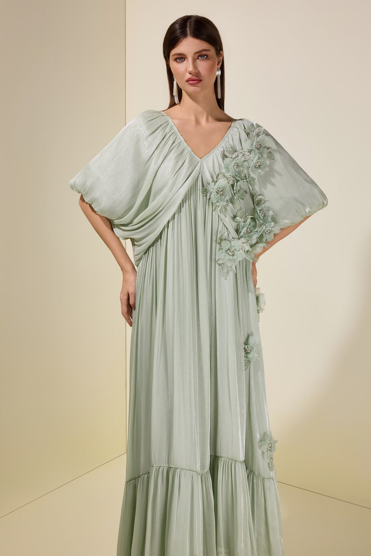 Satin V-Neck Cape Sleeve 3D Flower Maxi Dress