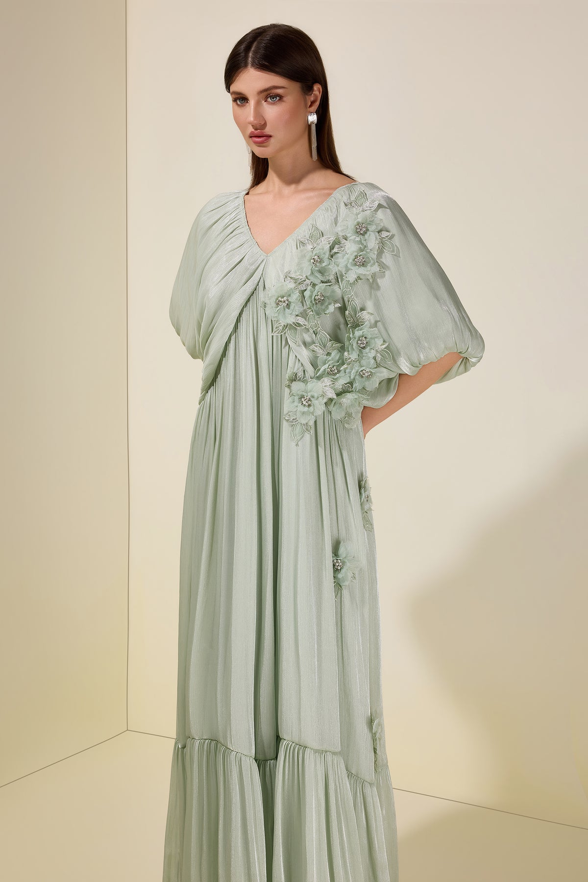 Satin V-Neck Cape Sleeve 3D Flower Maxi Dress