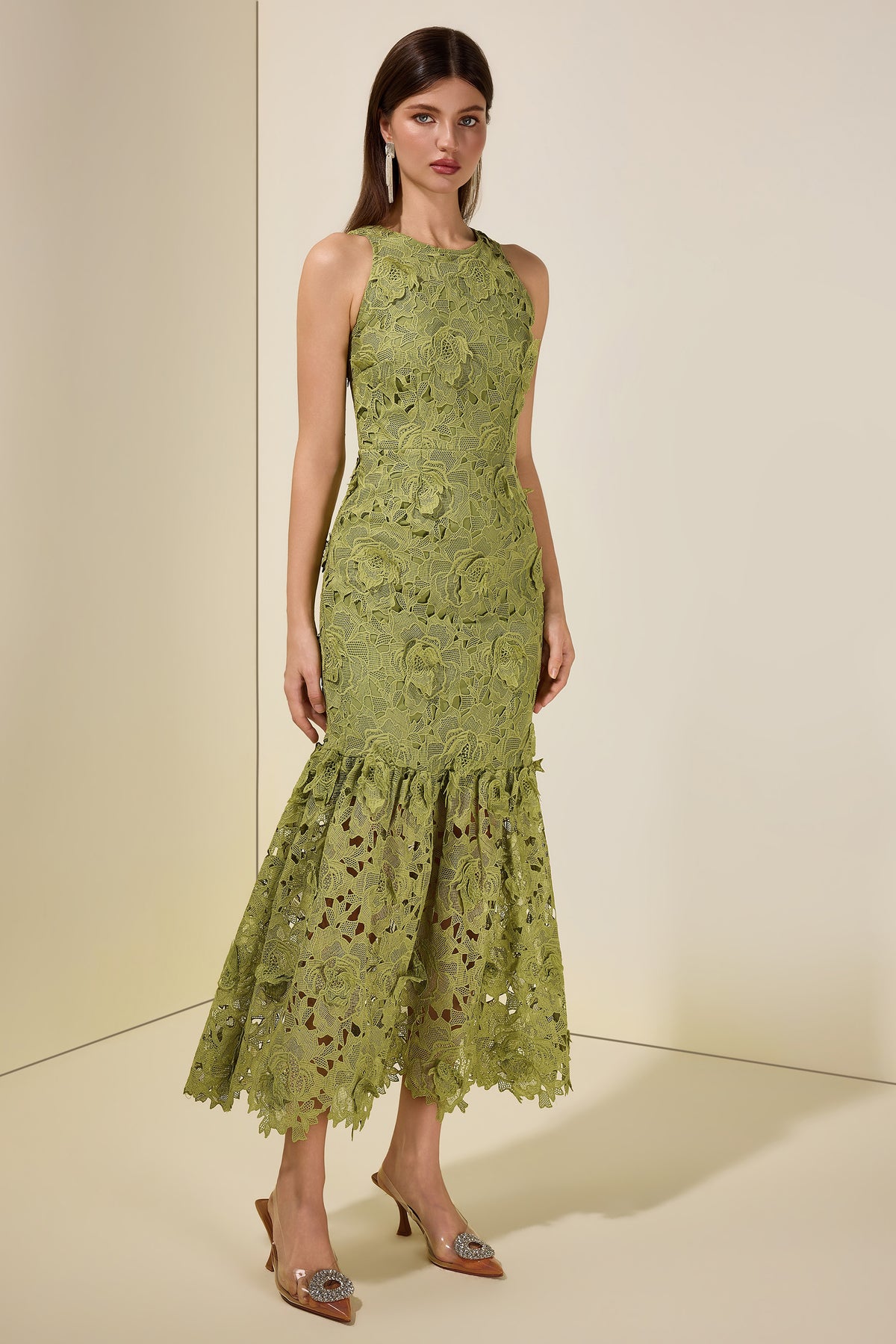 Lace Embroidered Sleeveless Midi Dress