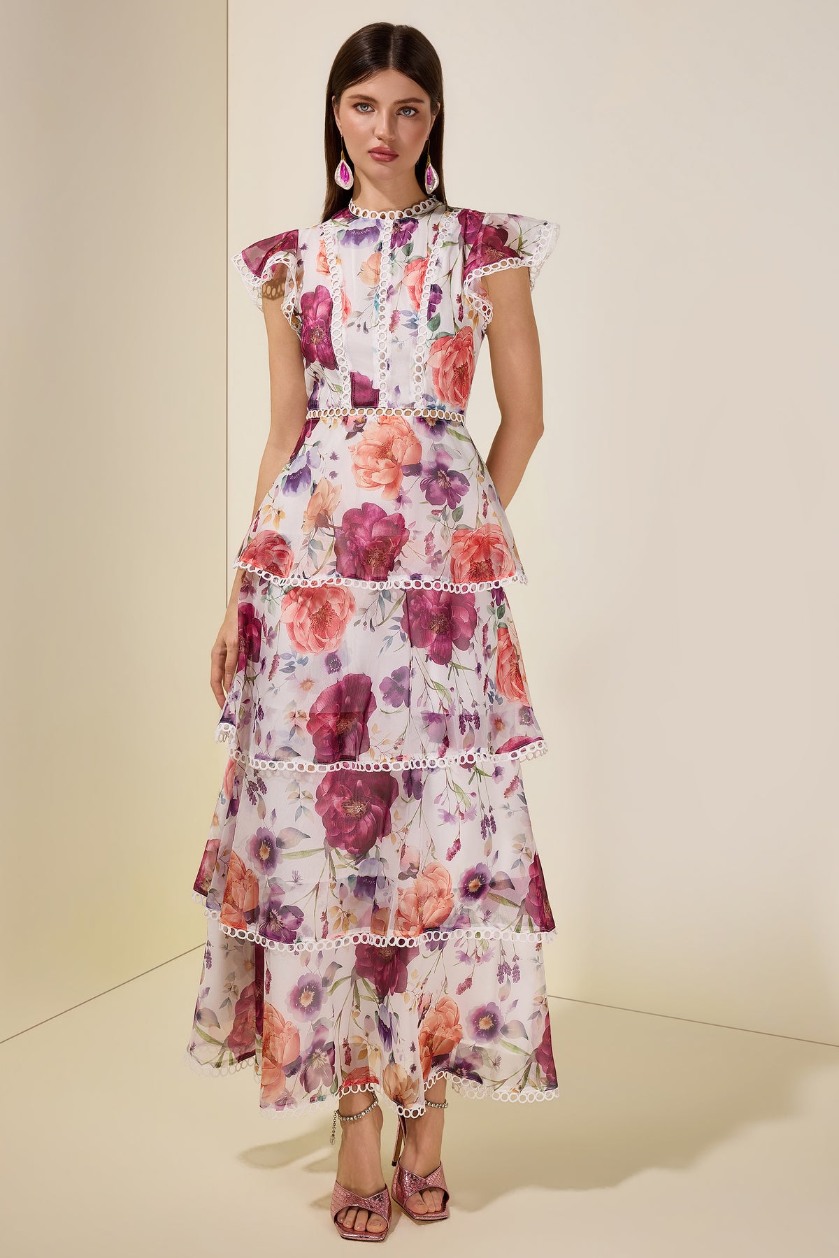 Floral Lace Ruffle Midi Dress