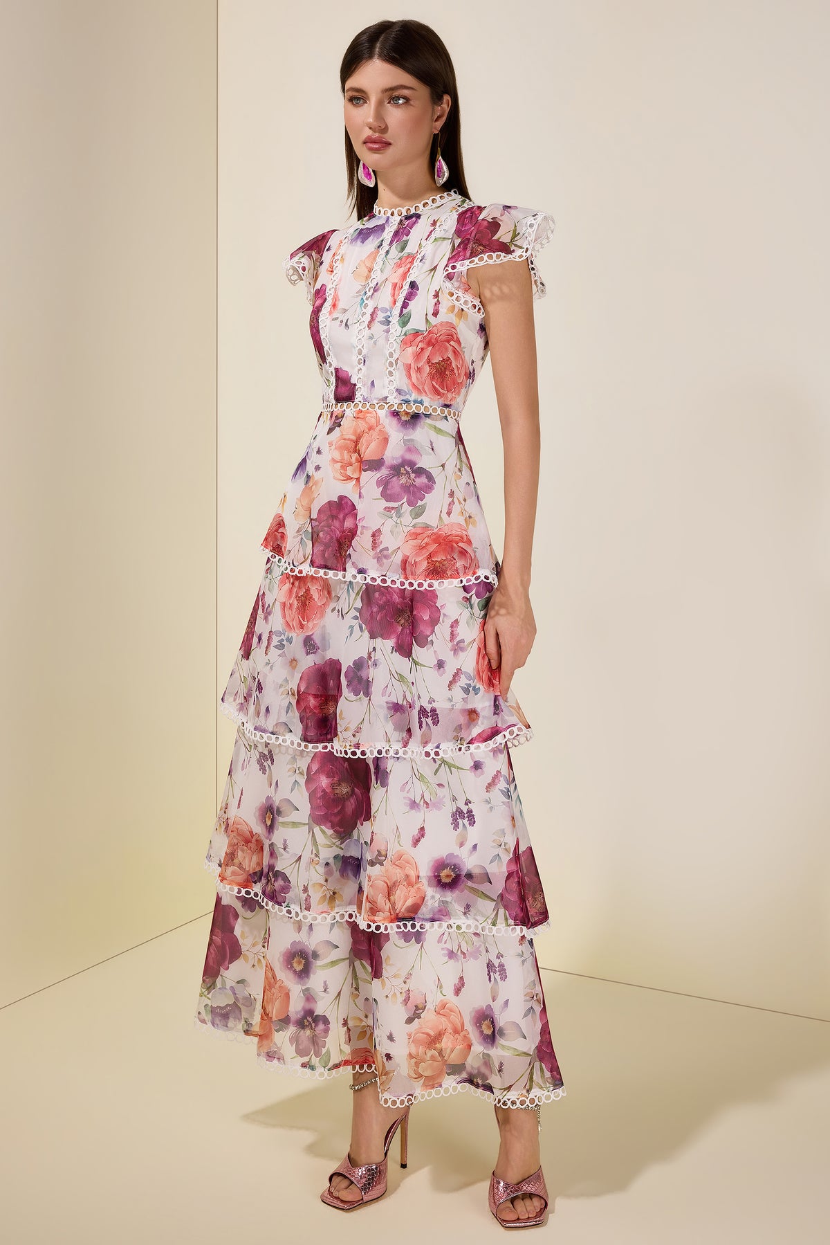 Floral Lace Ruffle Midi Dress