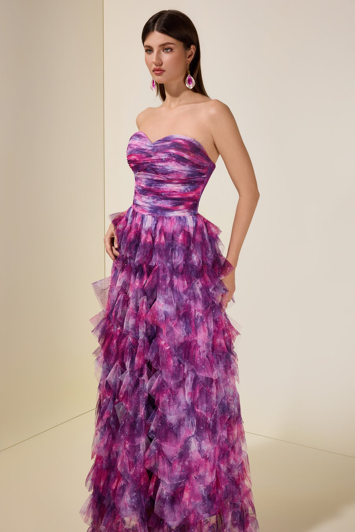 Abstract Print Ruffle Off Shoulder Maxi Dress