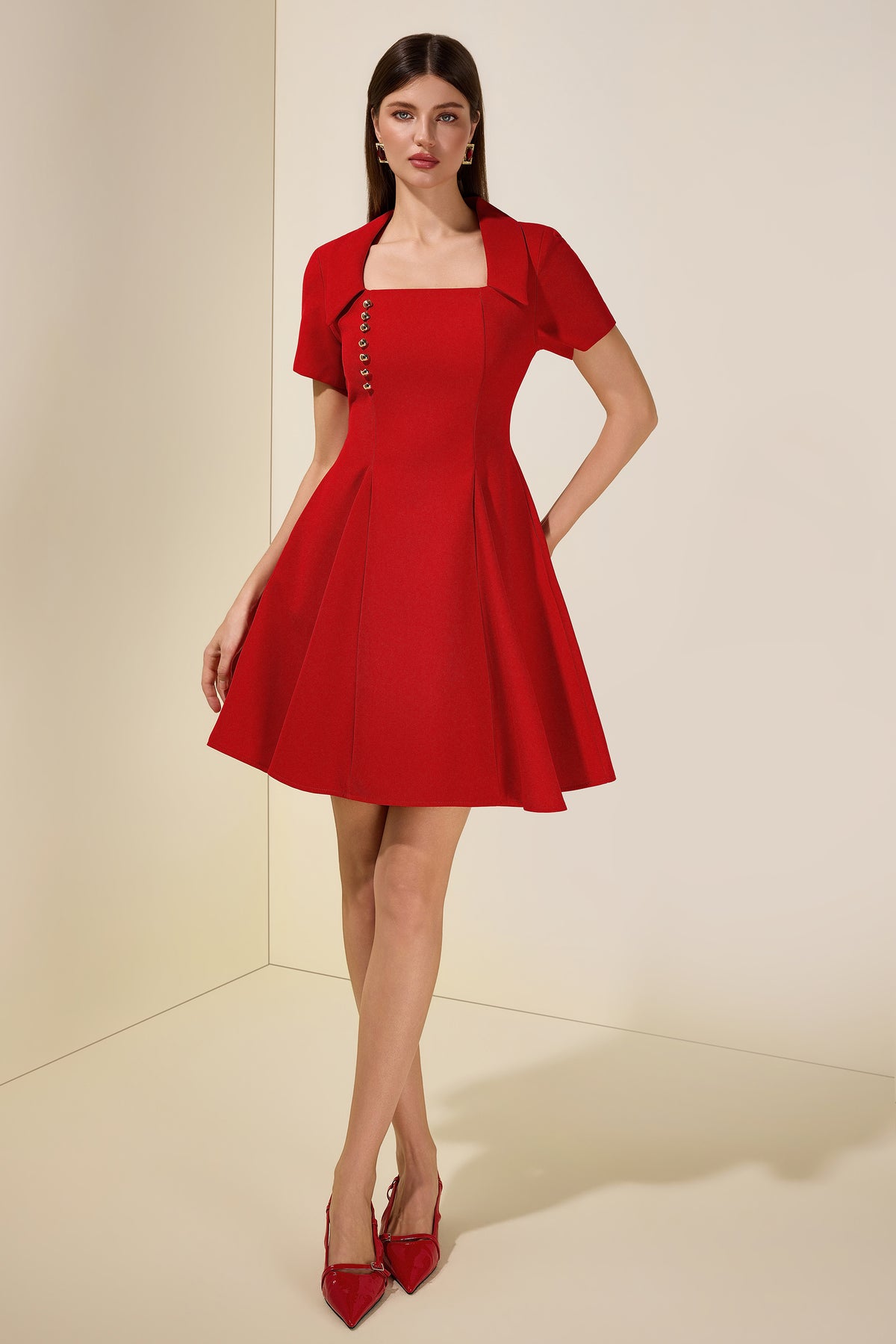 Solid Square Collar Metal Button Mini Dress
