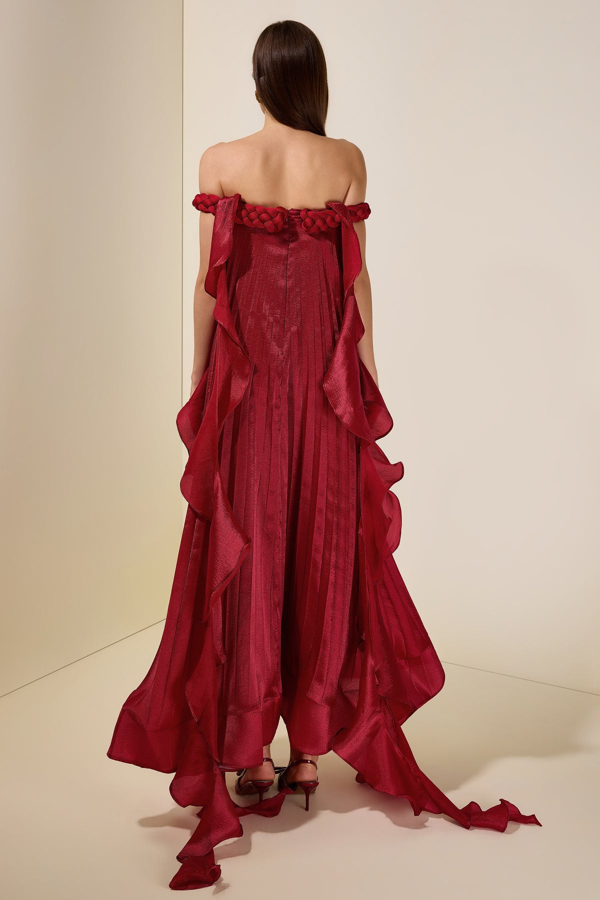Solid Decorative Rope Ruffle Maxi Dress