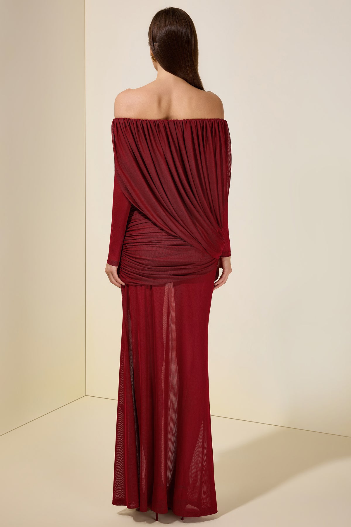 Mesh Asymmetrical Gathering Long Sleeve Maxi Dress