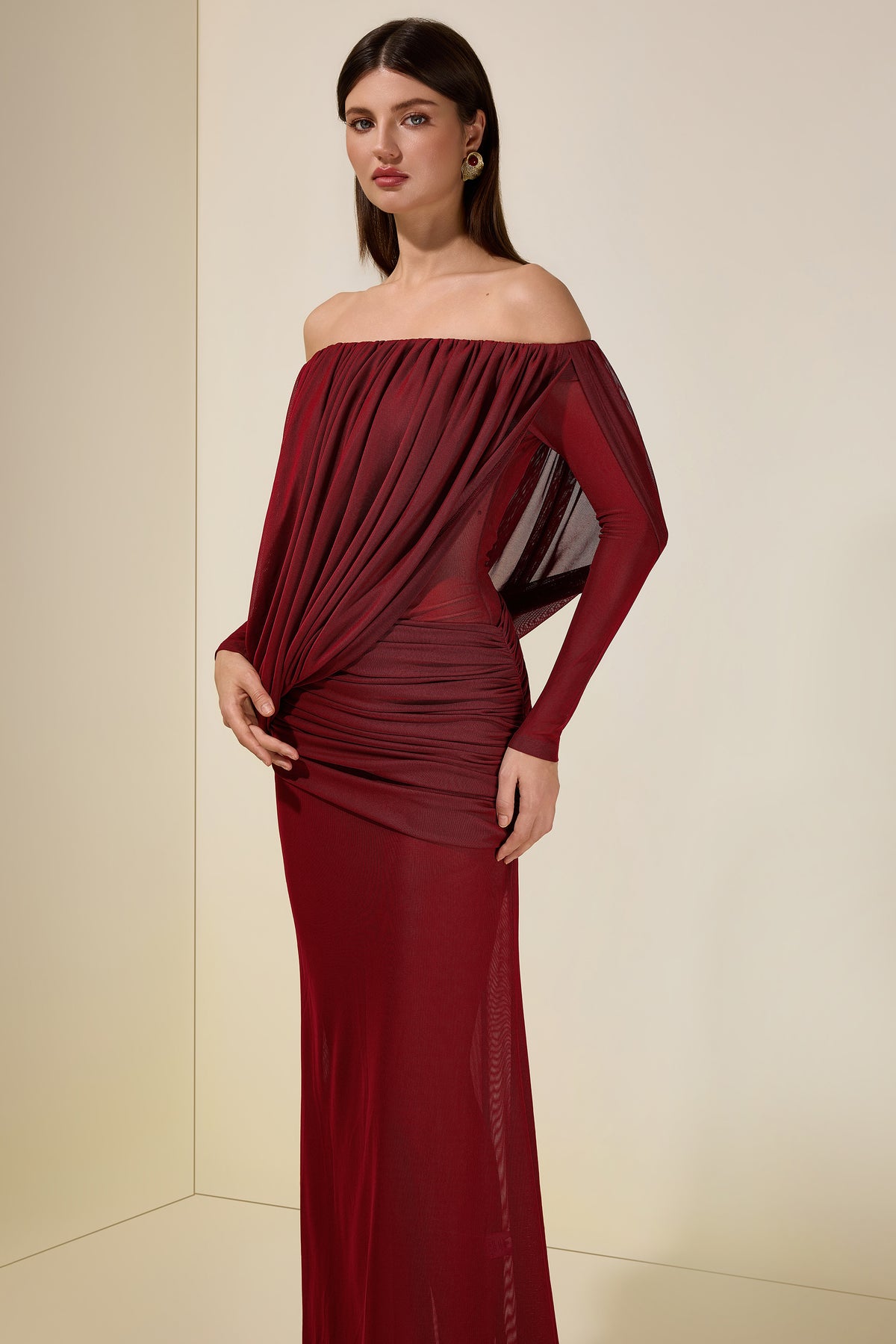 Mesh Asymmetrical Gathering Long Sleeve Maxi Dress
