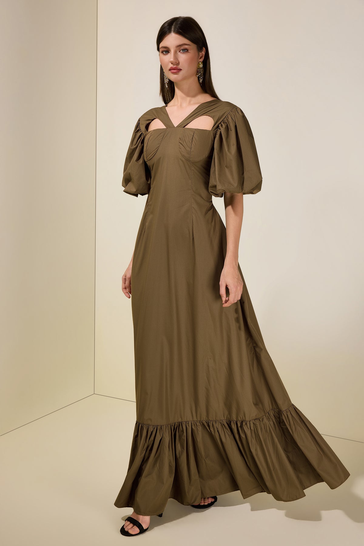 Solid Tie-Up Ruffle Maxi Dress
